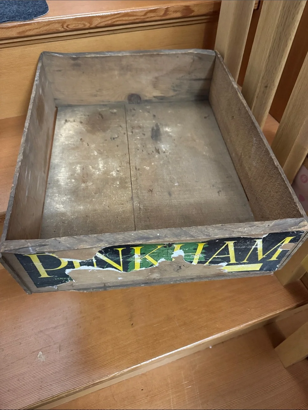 Vintage MCM Wooden Crate with 'PINKHAM' Graphics, farmhouse rustic primitive